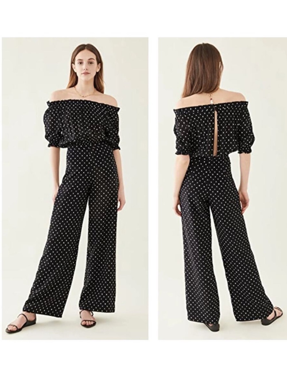 Saloni Juli B Silk Polka Dot Off Shoulder Wide Leg Jumpsuit Size 10